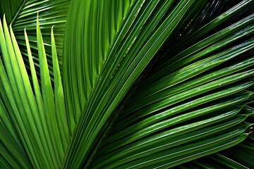 A close-up shot of vibrant green palm leaves with intricate textures and patterns, showcasing their natural beauty and details.