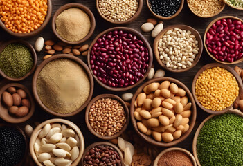 Fototapeta premium A variety of colorful legumes and grains displayed in wooden bowls on a wooden surface. The assortment includes lentils, beans, and seeds, showcasing different textures and colors.