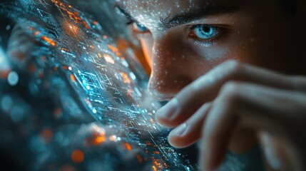 Close-up of futuristic holographic interface with human interaction, man examining glowing digital elements, innovation, technology and AI concept, futuristic exploration
