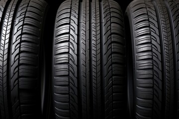 A close-up view of a set of four car tires stacked neatly on top of each other, showcasing the tread pattern and sidewall design. The tires are black with deep grooves and a sleek, modern look.
