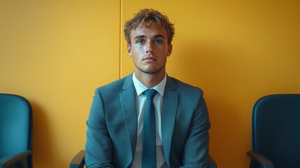 Man in a business suit sitting in front of a yellow wall, serious expression, professional attire, corporate office setting, job interview, career, modern background, confidence