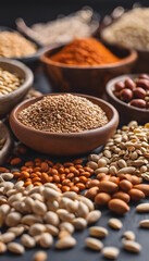 Fototapeta premium A variety of seeds and spices displayed in wooden bowls and scattered on a dark surface. Includes sesame seeds, lentils, and spices like paprika.