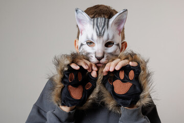 Portrait of a boy quadrober in a mask, on a white background in the studio