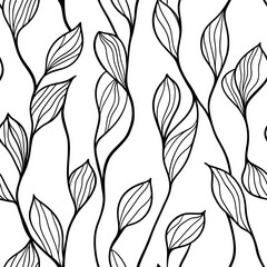 Fototapeta premium vertical botanical line art, precise black curved lines, repeating leaf motifs, minimalist nature pattern, elegant continuous design, sophisticated flowing shapes, premium wallpaper aesthetic
