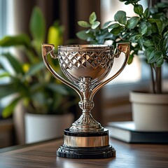 Celebrating achievement trophy display in a modern home office inspiration cozy environment close-up view for motivation
