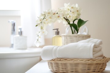 A serene bathroom corner displaying a white wicker basket brimming with plush towels and a decorative lotion bottle. Fresh, delicate flowers add a touch of natural beauty