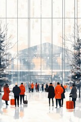 Illustration of people waiting in an airport terminal at Christmas time