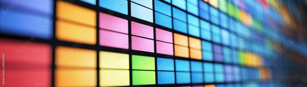 Poster colorful rows of matrix boxes, visualizing a vibrant glowing correlation matrix with ai insights in 