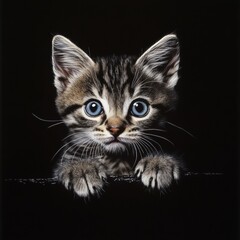 Obraz premium A single tabby kitten looking down from a small perch, appearing curious yet cautious