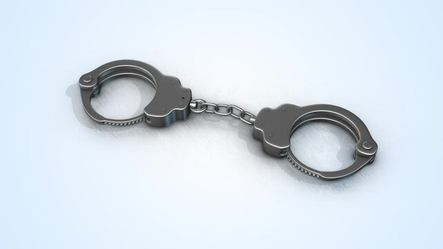 Metal Handcuff on a Reflective Floor. Stainless Steel Handcuff 3D Animation. 4K 
