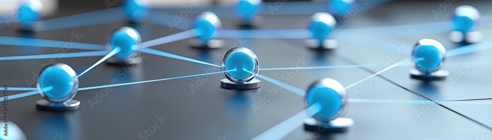 Poster exploring luminous ai nodes in a minimal network graph enhancing connectivity in technology and life