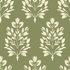 sophisticated botanical repeat, cream leaf clusters, olive green background, symmetrical floral sprigs, minimal nature-inspired design, elegant damask style, continuous organic pattern, refined
