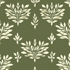 sophisticated botanical repeat, cream leaf clusters, olive green background, symmetrical floral sprigs, minimal nature-inspired design, elegant damask style, continuous organic pattern, refined