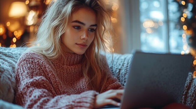 Young woman working on laptop in cozy living room, warm holiday decor, festive lighting, focused expression, comfortable setup, winter vibes, online activity, creative project, soft ambiance