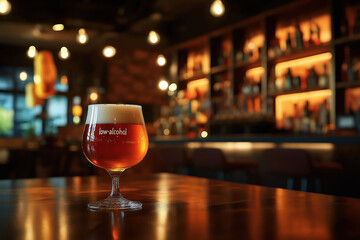 Glass of non-alcoholic beer sitting on bar in restaurant setting