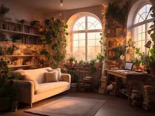 A cozy room filled with books, plants, and fairy lights, with a gentle sunset casting warm hues through a large window.