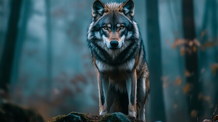A wolf stands in a forest.