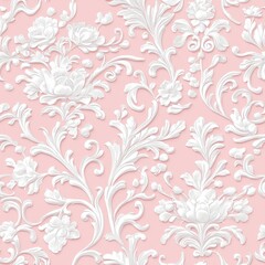 romantic rococo floral design, delicate white botanical swirls, intricate curved motifs, soft pink backdrop, symmetrical damask pattern, ornate scrollwork, seamless textile art