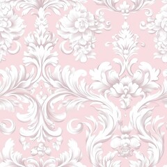 romantic rococo floral design, delicate white botanical swirls, intricate curved motifs, soft pink backdrop, symmetrical damask pattern, ornate scrollwork, seamless textile art