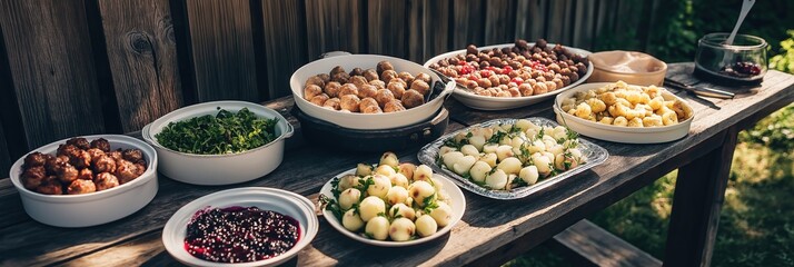 Fototapeta premium Traditional swedish midsummer buffet feast with non-alcoholic drinks