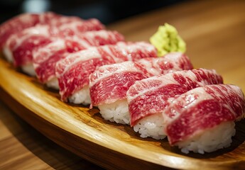 Obraz premium A close-up, high-quality photo of beef slices on rice dumpling sushi rolls, featuring the finest white rice and marinated in natural tones. The meat is pinkish-red and very tender inside.