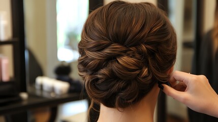 Fototapeta premium A stylist styles a client's long, brown, wavy hair in a salon.