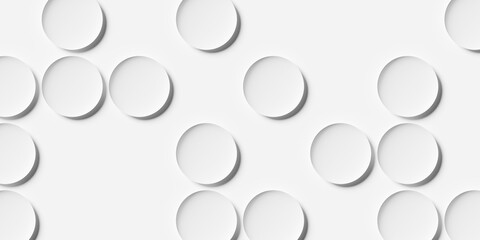 Large white bend circles or bowls sparsely scattered geometry background wallpaper banner, flat lay