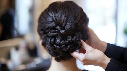 Fototapeta premium A stylist is styling a woman's long brown hair in a salon.