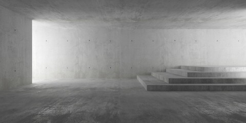 Abstract empty, modern concrete room with podium steps in the rear corner, indirect light and rough floor - industrial interior background template
