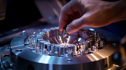 Naklejka premium Close-up of a hand placing a small metal part into a complex metal mold.