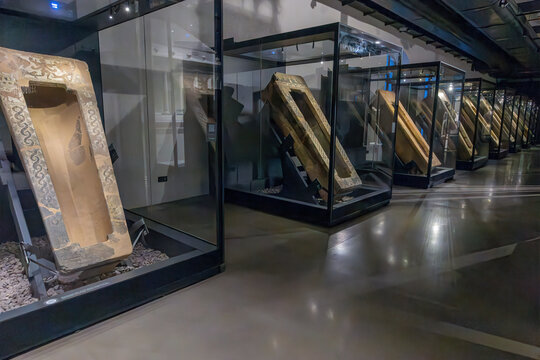 Izmir, T&uuml;rkiye - November 28, 2024: Interior view of the Culture and Arts Factory in Izmir.Roman Sarcophagus, tomb.