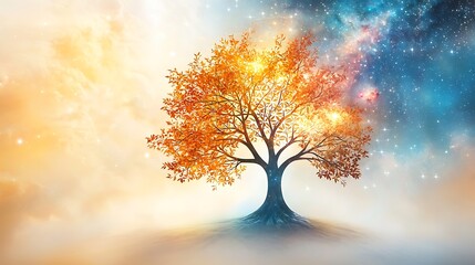The majestic tree of life reaches towards the cosmos, its branches intertwining with the stars and galaxies in a burst of bold, vibrant colors