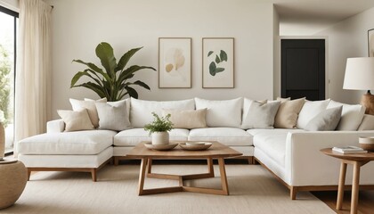 A spacious, minimalist living room with a large, white sectional sofa, wooden accents, and a neutral color palette.