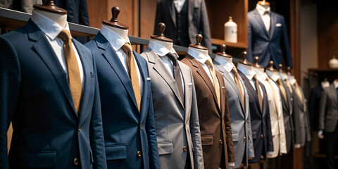 A stylish business suit is on display in a suit store. Hangers line up with strict high pricey suits and accessories.
