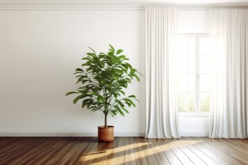 Stylish interior with a houseplant positioned against a pristine white wall, textured brown curtain, and polished wood floor for a modern touch