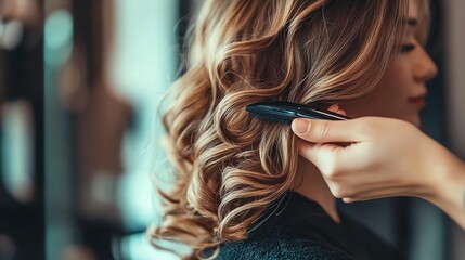 Fototapeta premium A woman's long blonde hair is being styled at a hair salon.