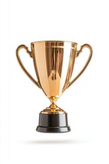 A shiny gold trophy on a black base, symbolizing achievement and victory, stands upright against a plain background.