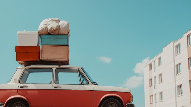 A vintage car loaded with colorful boxes and bags, set against a clear blue sky and modern buildings, suggesting travel and adventure.