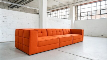 A bright orange modular sofa in a minimalist, industrial setting with exposed brick walls and large windows.
