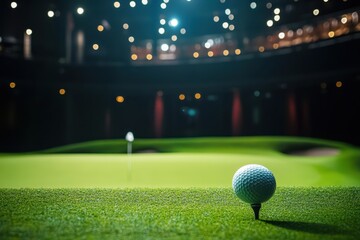 Indoor golf facility features a meticulously maintained putting green with focused lighting