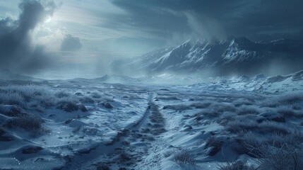 Dramatic wintry landscape of snow capped mountain peaks and icy slopes in the remote Himalayan wilderness surrounded by swirling clouds and a blizzard  The rugged majestic terrain presents an epic