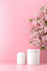 Naklejka premium Pink Glass Cosmetic Jars on Pedestals with Soft Shadows, Pink Background