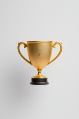 A shiny golden trophy with ornate details, featuring two handles, stands on a black base against a neutral background.