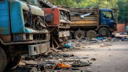 Fototapeta premium Empty damaged trucks scattered on a desolate street, symbolizing the aftermath of a crisis and the need for resilience and rebuilding.