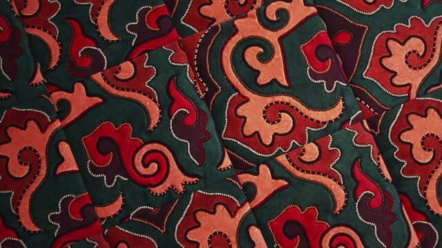 Fabric with Tatar patterns symbolizing national features. Ornament in form of flowers decorates material emphasizing cultural traditions