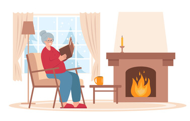 Happy senior woman sitting in chair with book next to fireplace. Elderly woman reading book in Winter at home. Snowy winter season, cold weather concept. Vector illustration on white background.