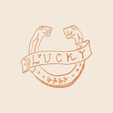 Bohemian groovy postmodern funky pink lucky horseshoe lettering label, boho hippie sketch hand-drawn illustration. Digital sticker, wild west cartoon doodles, tribal bohemian vintage retro style decor