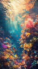 Stunning underwater scene of a vibrant coral reef ecosystem teeming with diverse and colorful marine life illuminated by sunlight filtering through the clear blue ocean waters