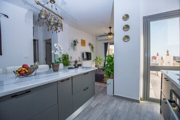 Kitchen area in open plan luxury apartment with lounge and balcony