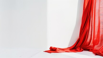 A Captivating Scene of Window Red Curtain Against a White Background, Emphasizing Interior Design and Color Contrast.